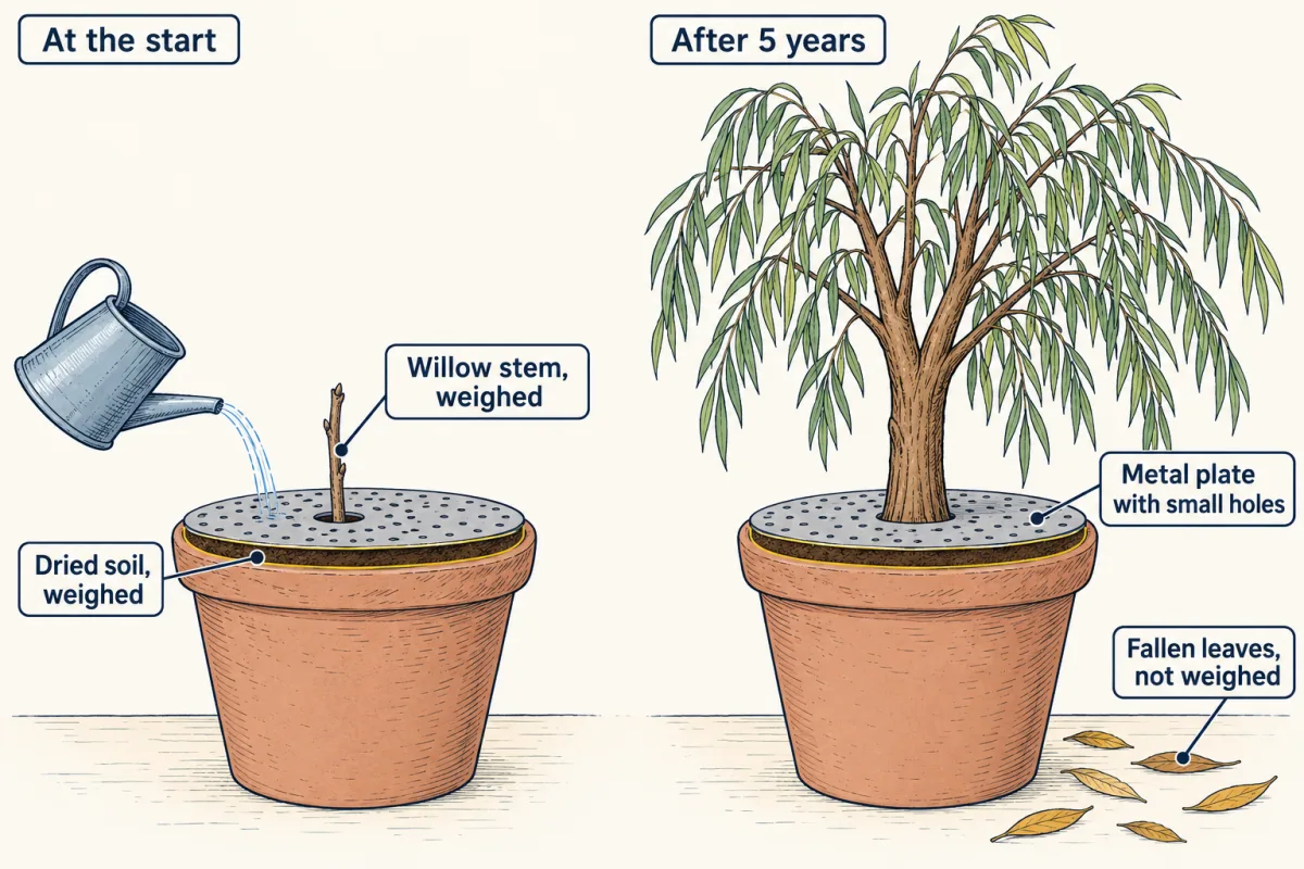 AI-generated illustration: two views of the same pot. At the start, a short bare willow stem is planted in dried soil under a metal plate with small holes, and a watering can adds water. After five years, a tall leafy willow grows from the same pot, with a few fallen leaves on the floor beside it.