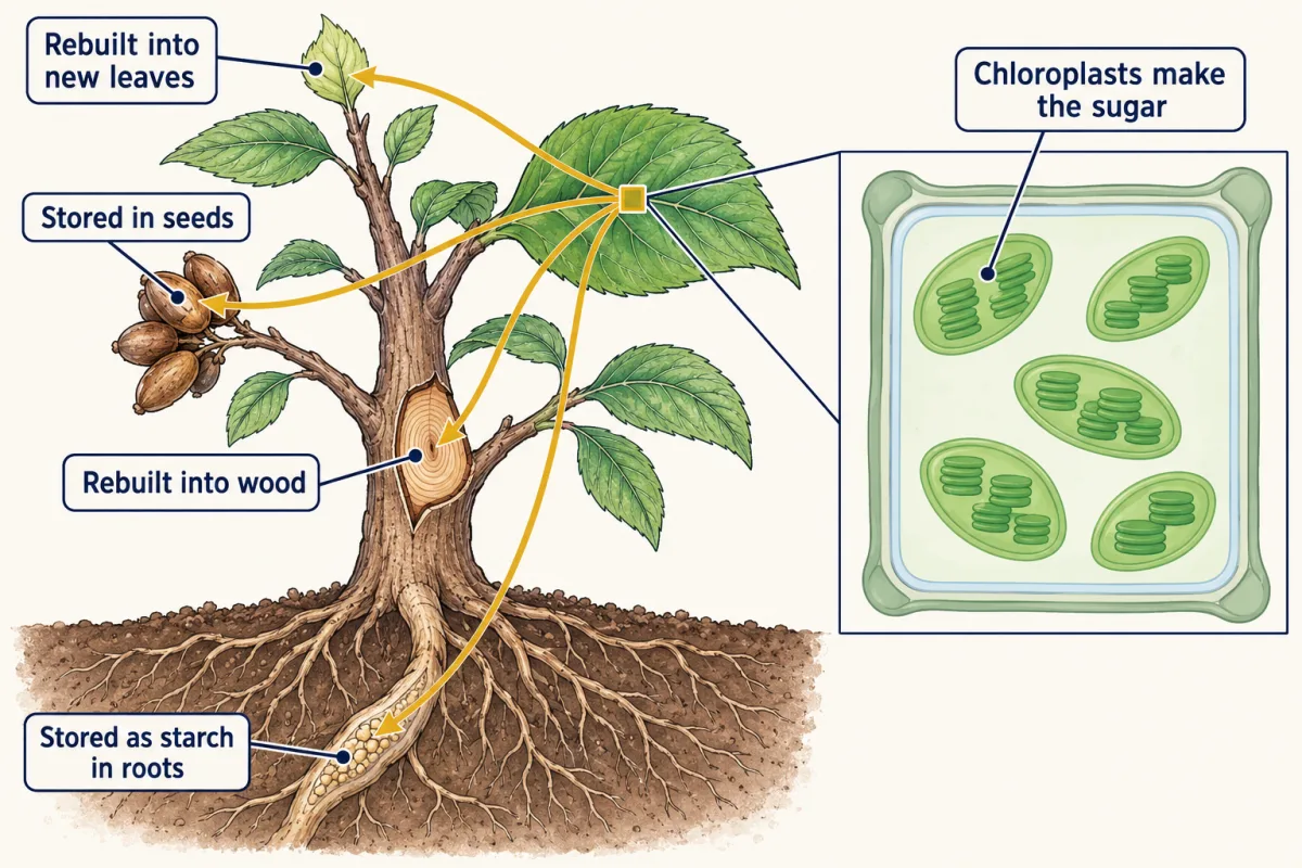 AI-generated illustration: a young tree with gold arrows carrying sugar from one large leaf to a new leaf at a branch tip, into the wood of the trunk, down to the roots where starch is stored, and to a cluster of seeds. An inset zooms into a leaf cell full of green chloroplasts.
