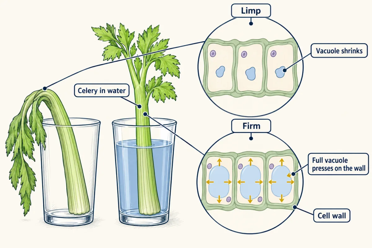 AI-generated illustration: a limp celery stalk drooping in an empty glass and a firm stalk standing in water, with zooms of their cells: small shrunken vacuoles in the limp stalk, and full vacuoles pushing out on the cell walls in the firm stalk.