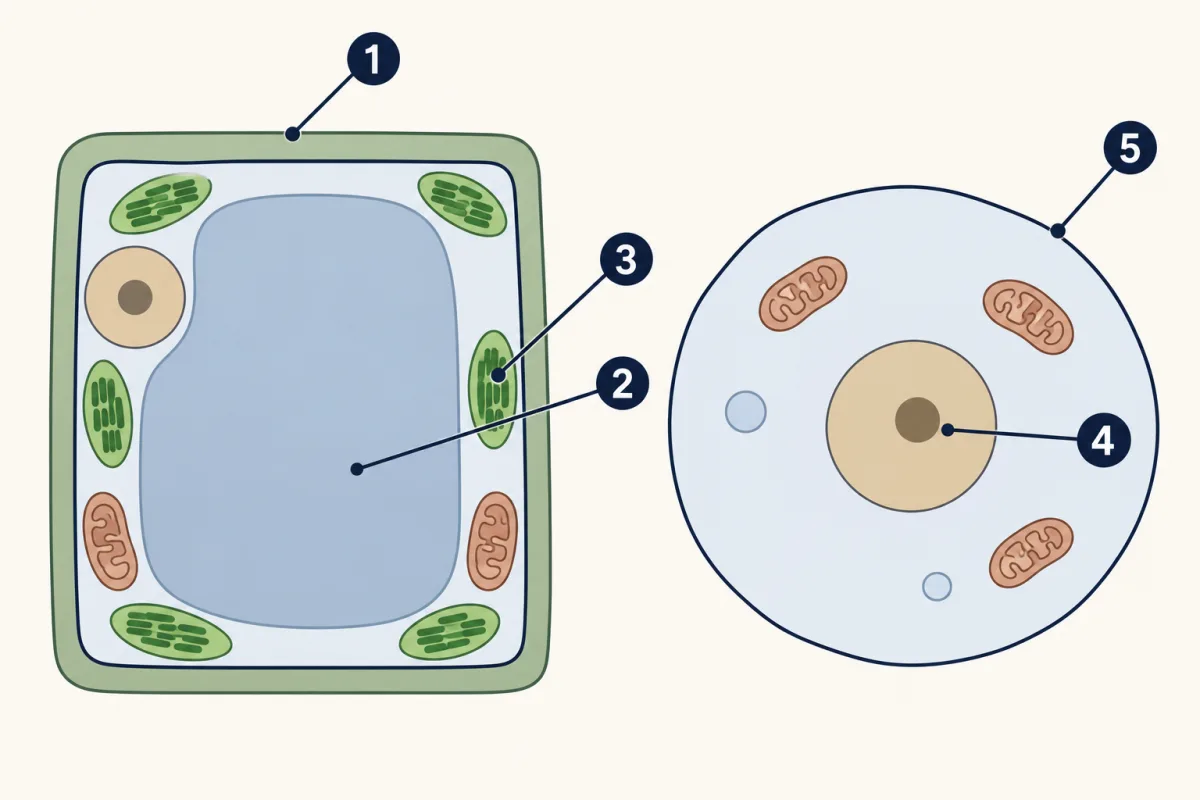 AI-generated illustration: a boxy plant cell beside a round animal cell. The plant cell has a thick wall, a large sac in the middle and green parts; the animal cell has a thin outline and a nucleus in the middle. Both have small bean-shaped parts. Five numbered circles mark parts for the student to name.