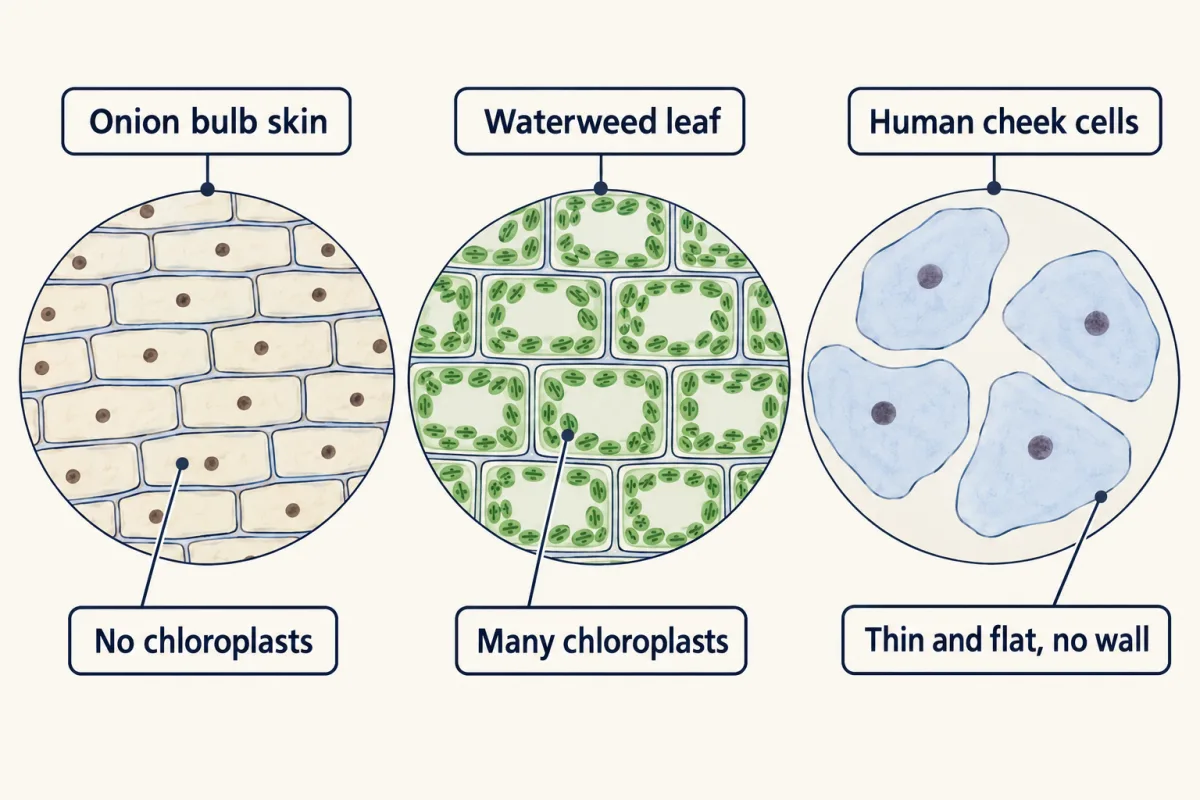 AI-generated illustration: three round microscope views. Onion skin shows long boxy cells with brown nuclei and no green; a waterweed leaf shows boxy cells full of green chloroplasts; cheek cells are thin, flat and loose, tinted blue with a dark nucleus each.