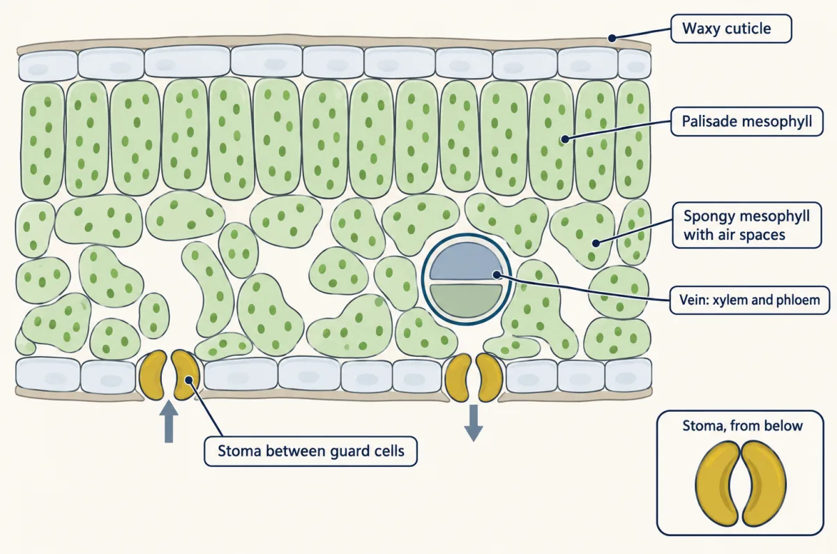 AI-generated illustration: schematic cross-section of a eudicot leaf with a cuticle over the upper epidermis, tightly packed palisade cells, loosely arranged spongy cells with air spaces, a vein with xylem and phloem, and stomata with guard cells in the lower epidermis. An inset shows a stoma from below.