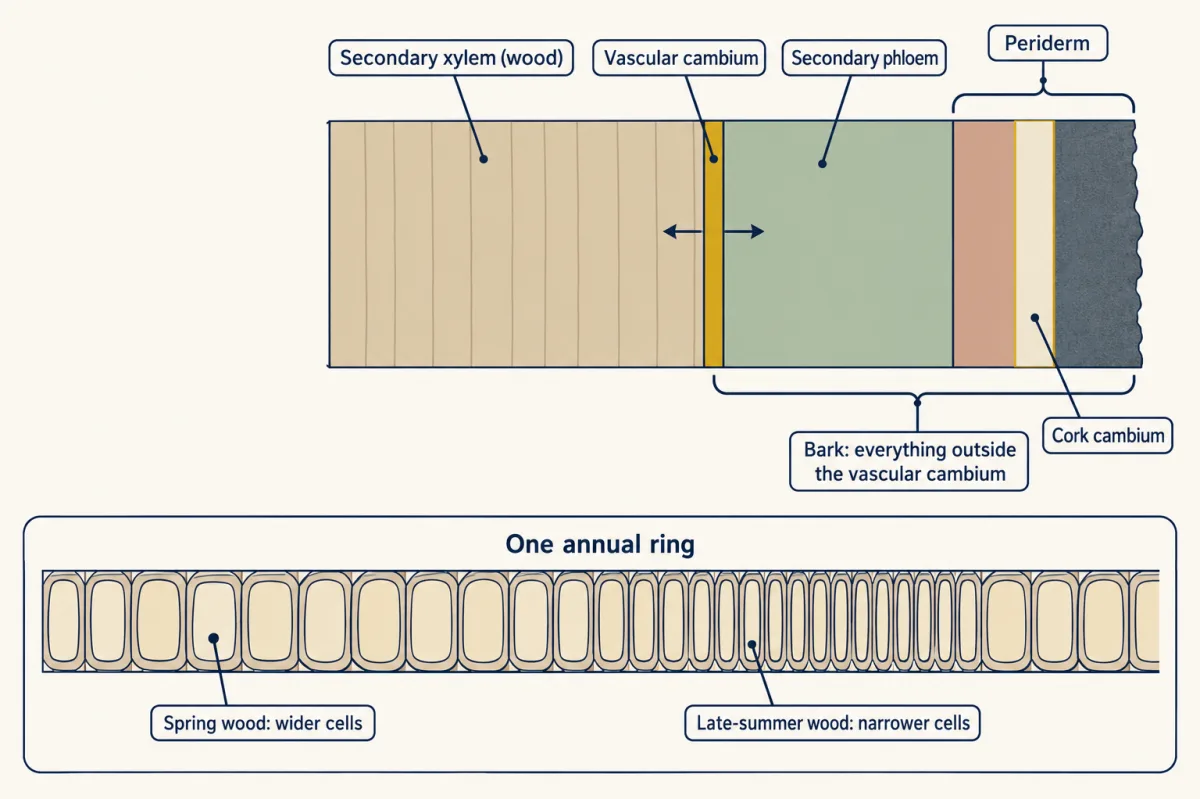 AI-generated illustration: a flat radial strip of a woody trunk from centre to surface showing wood, a thin vascular cambium, secondary phloem, phelloderm, cork cambium and cork. A bracket marks bark as everything outside the vascular cambium, and an inset shows wide spring cells and narrower late-summer cells in one annual ring.