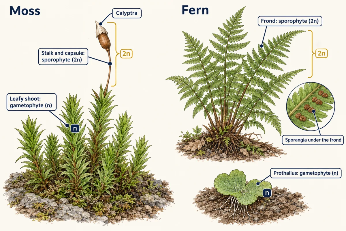 AI-generated illustration: on the left a haircap moss with leafy green shoots marked n and a brown stalk and capsule marked 2n; on the right a fern frond marked 2n with spore cases beneath and a small heart-shaped prothallus marked n.