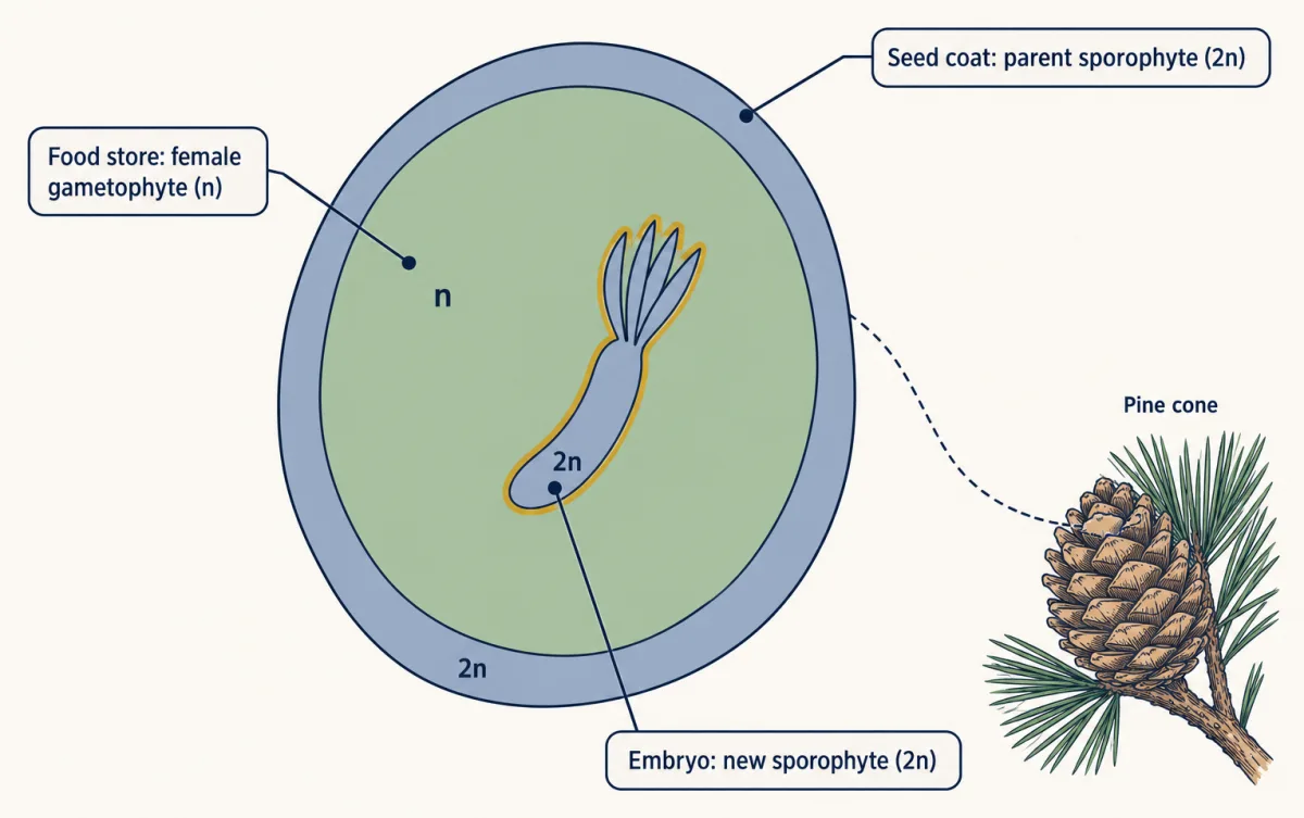 AI-generated illustration: a flat cut-through schematic of a pine seed with a thin 2n seed coat ring, a large haploid n food store inside, and a small 2n embryo at the centre, with a small pine cone shown in a corner inset.