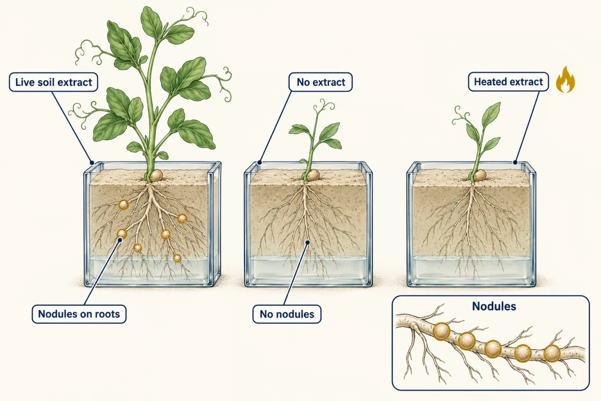 AI-generated illustration: three identical glass pots of pale sand, each with one pea plant. The left pot, given live soil extract, has a tall plant with round nodules on its roots. The middle pot, with no extract, and the right pot, with heated extract, have small plants and smooth roots. An inset shows a pea root with round nodules.