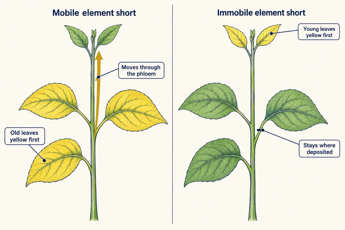 AI-generated illustration: two matching green plants side by side. On the left, the three oldest lower leaves are yellow, the two young top leaves are green, and a gold arrow runs up the stem to the tip. On the right, the two young top leaves are yellow and the old leaves are green.