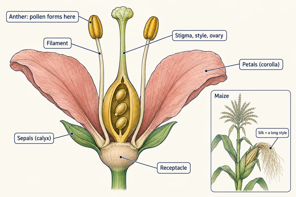 AI-generated illustration: a generic flower cut lengthwise, showing sepals at the base, petals, two stamens with anthers on filaments, and a central carpel with stigma, style and an ovary holding ovules, all on a receptacle. A small inset shows a maize tassel above an ear with long silks.