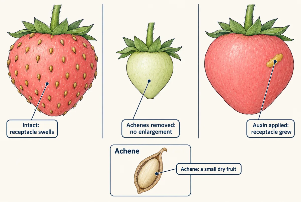 AI-generated illustration: three young strawberries side by side. The left is covered with achenes and swollen. The middle has had its achenes removed and stays small. The right has had its achenes removed and a gold smear of auxin paste applied, and it is swollen like the left. An inset shows one achene.