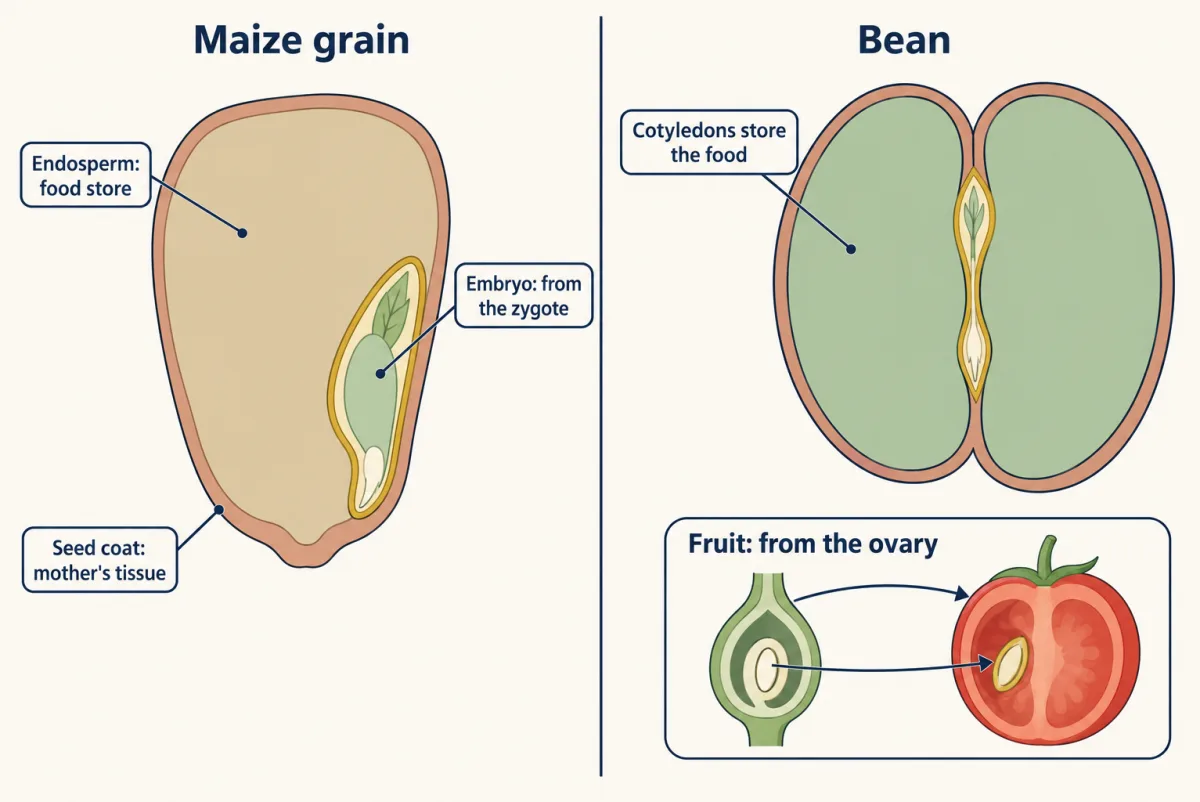 AI-generated illustration: two seeds cut lengthwise. A maize grain has a thin seed coat, a large block of endosperm and a small embryo at one side. A bean has a thin seed coat around two fat cotyledons with no separate endosperm. A small inset shows an ovary becoming a fruit around its seed.
