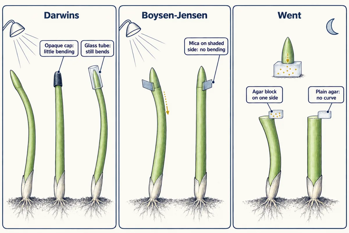 AI-generated illustration: three panels of seedling experiments. Canary-grass seedlings lit from one side: a bare tip bends, an opaque-capped tip stays straight, a glass-tube tip bends. Oat coleoptiles with mica on the lit side bend and with mica on the shaded side stay straight. In the dark, an agar block set on one side of a decapitated coleoptile makes it curve away, while plain agar does not.