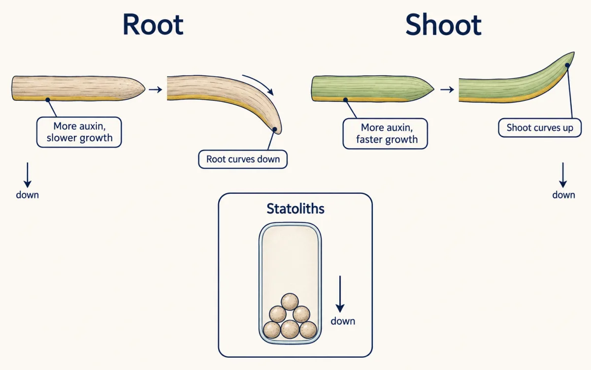 AI-generated illustration: a root and a shoot laid on their sides, each with a gold band of extra auxin along the lower edge. The root curves downward and the shoot curves upward. An inset shows a root-cap cell with dense starch grains settled at its bottom.