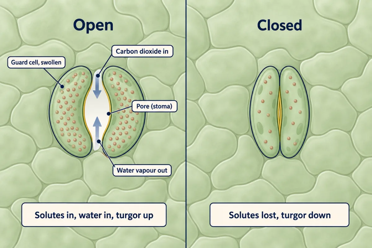 AI-generated illustration: two views of a leaf-surface pore. On the left, two plump guard cells bow apart around an open pore with carbon dioxide arrowing in and water vapour arrowing out. On the right, slack guard cells lie together and the pore is closed.