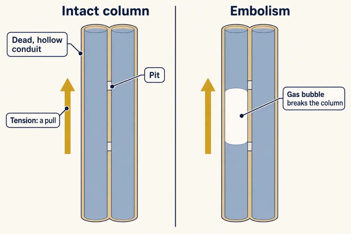 AI-generated illustration: two panels of paired hollow xylem tubes. On the left both tubes are full of water with an upward pull arrow. On the right one tube has an air bubble breaking its water column while the neighbouring tube stays full.