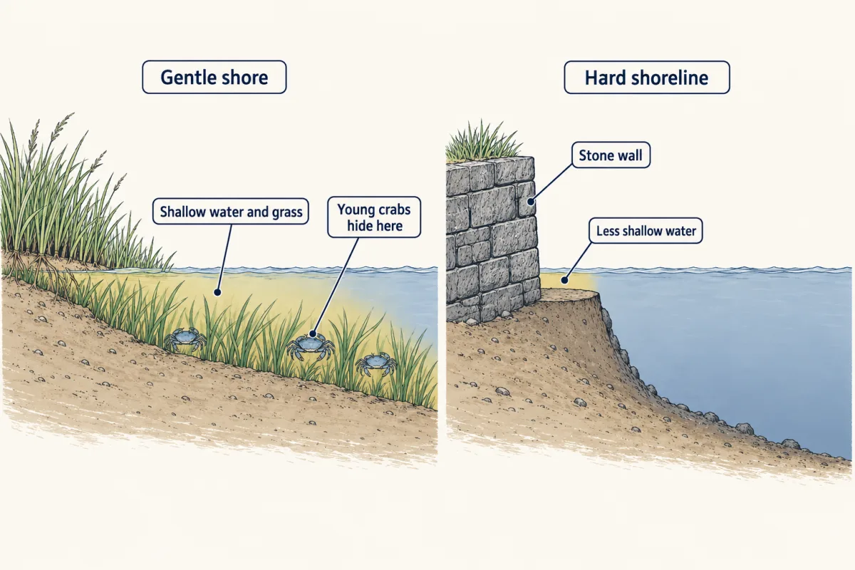 AI-generated illustration: two side views of a Bay shore. On the left, land slopes gently into the water, leaving a wide band of shallow water with grass where small crabs hide. On the right, a stone wall drops straight into deep water, leaving only a thin strip of shallow water.