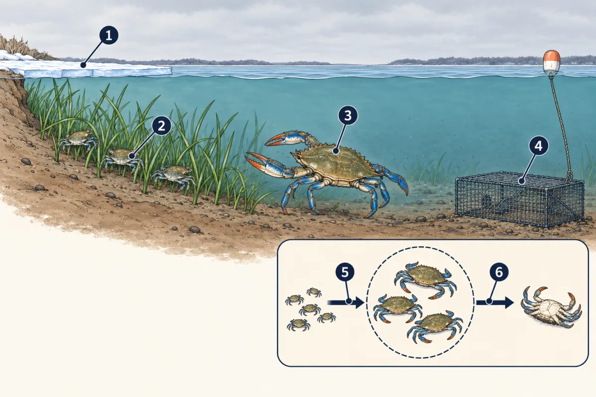 AI-generated illustration: a side view of a shallow Bay cove in winter. Thin ice edges the shore, small crabs hide in underwater grass in the shallows, a large crab moves toward them from deeper water, and a crab pot sits on the bottom with a rope to a float. A small view shows a group of crabs with an arrow bringing new crabs in and an arrow carrying a dead crab out. Six numbered circles mark parts for the student to name.