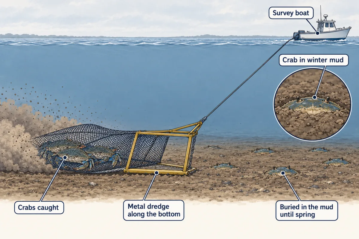 AI-generated illustration: a small boat on winter Bay water tows a metal dredge along the muddy bottom. Crabs lie half buried in the mud ahead of it, and a few are caught in its mesh bag. A close-up shows one crab buried with only its eyes and shell showing.