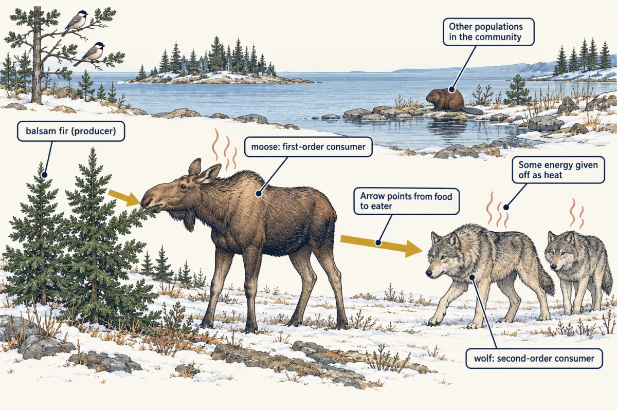 AI-generated illustration: on Isle Royale, arrows run from young balsam fir trees to a browsing moose and from the moose to two wolves. Wavy lines rise from the animals for heat, and a beaver and birds in the background stand for the rest of the community.