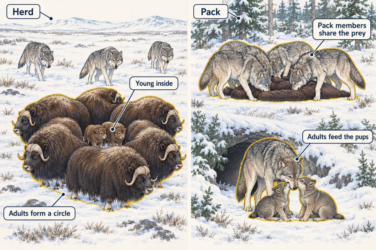 AI-generated illustration: on the left, adult muskoxen stand in a ring facing outward with two calves inside while wolves approach. On the right, a wolf pack feeds together on a moose, and an adult wolf at a den lowers its head to feed two pups.