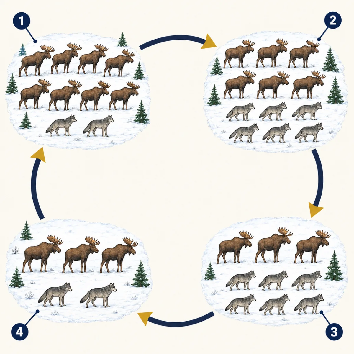 AI-generated illustration: four small snowy scenes of moose and wolves joined in a clockwise loop by curved arrows. Going round the loop, the scenes change between many moose and few, and between few wolves and many. Four numbered circles mark the scenes for the student to name.