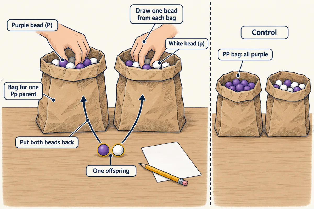 AI-generated illustration: two paper bags of mixed purple and white beads on a table, a hand reaching into each. One purple and one white bead, just drawn, sit in front as one offspring, with arrows showing them going back into the bags. An inset shows the control: a bag of only purple beads beside a mixed bag.