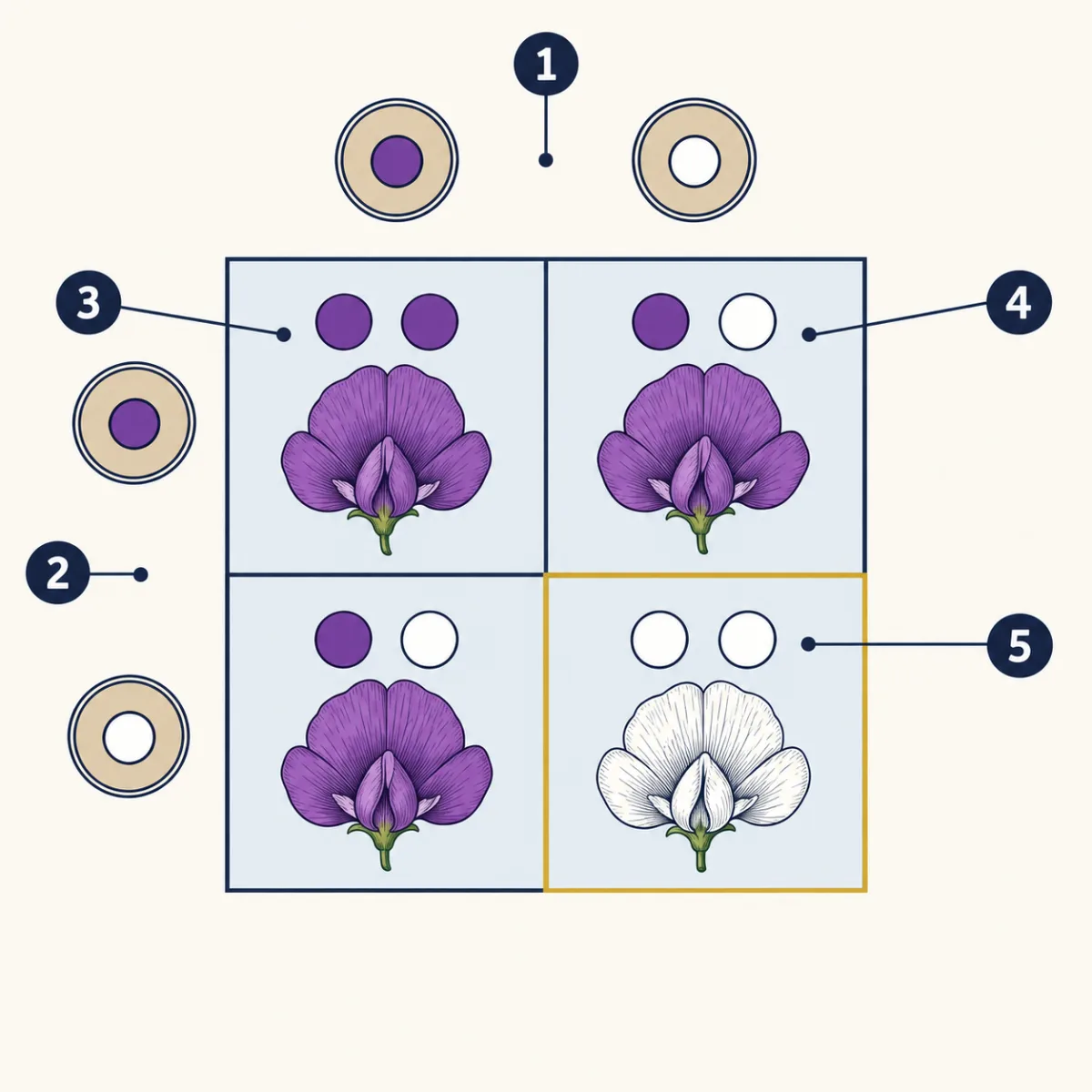 AI-generated illustration: a two-by-two grid. Above it and to its left are small round sex cells, each holding one purple or one white bead. Each box holds two beads and a pea flower: three boxes have at least one purple bead and a purple flower, and one box has two white beads and a white flower. Five numbered pointers mark the top sex cells, the side sex cells and three of the boxes.