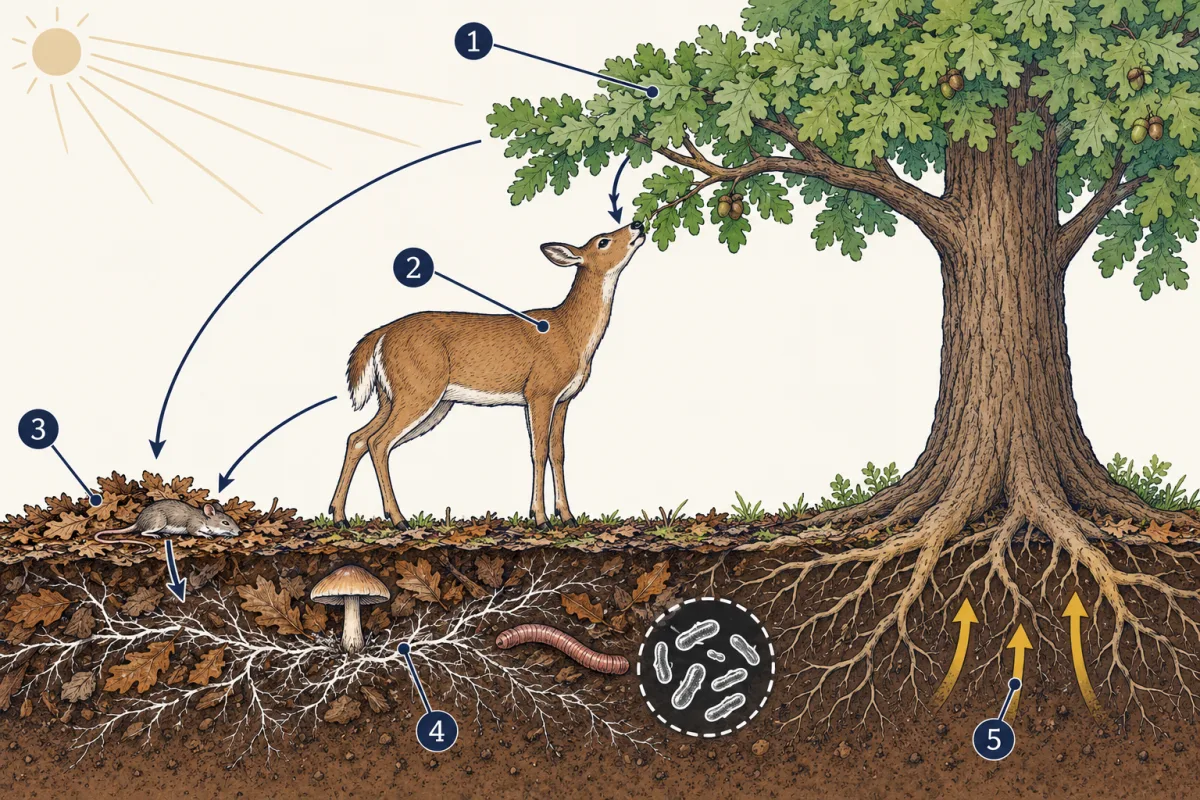 AI-generated illustration: a cutaway of a Virginia forest. The sun shines on a large oak tree. A deer eats leaves from the oak's low branch. Dead leaves and a small dead mouse lie on the ground. In the leaf litter below are white fungus threads, a mushroom, an earthworm and enlarged bacteria. Gold arrows rise from the soil into the oak's roots. Five numbered circles point to parts of the cycle.