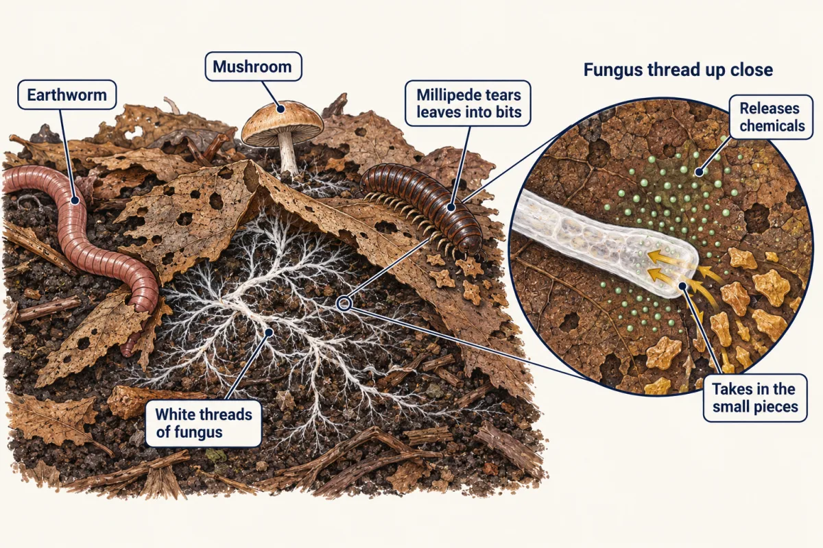 AI-generated illustration: dark, holey dead leaves on soil, with white fungus threads spreading under a lifted leaf, a small mushroom, an earthworm pulling a leaf bit and a millipede chewing a leaf edge. A circular close-up shows one fungus thread releasing chemicals that break the leaf into small pieces, which move into the thread.