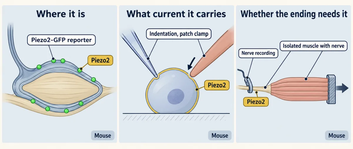 AI-generated illustration: three schematic panels from a mouse study of Piezo2. First, a sensory ending around a spindle capsule marked by a green reporter. Second, a dissociated neuron with a patch pipette and an indentation probe. Third, an isolated muscle with its nerve being stretched while a recording electrode hooks the nerve.