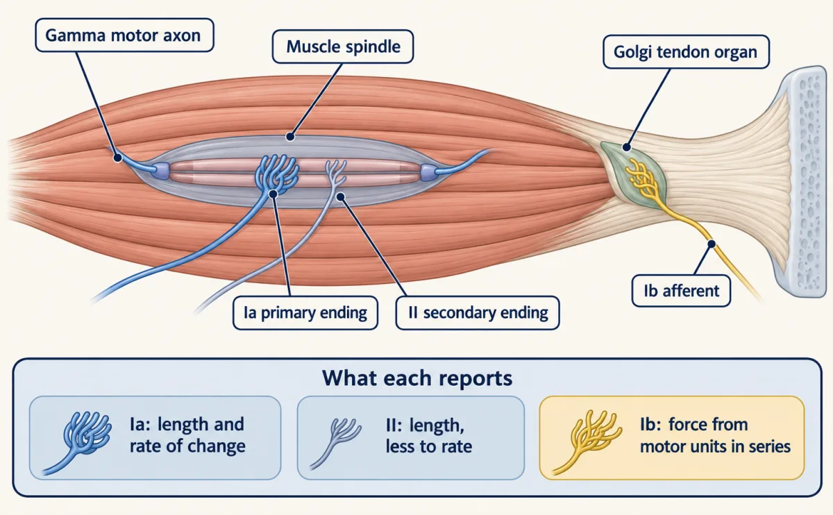 AI-generated illustration: a schematic muscle with a muscle spindle lying along its fibres, showing a primary Ia ending, a secondary II ending and gamma motor neuron inputs at its ends, and a Golgi tendon organ with an Ib afferent at the junction between muscle and tendon. An inset states what each ending reports.