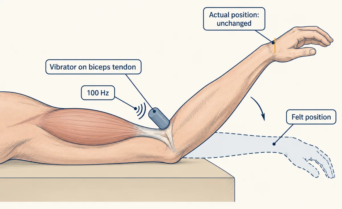 AI-generated illustration: a side view of a bent human arm resting on a table, with a vibrator pressed on the biceps tendon at the elbow. The real forearm stays fixed, while a dashed outline of a second forearm shows the position the subject feels.
