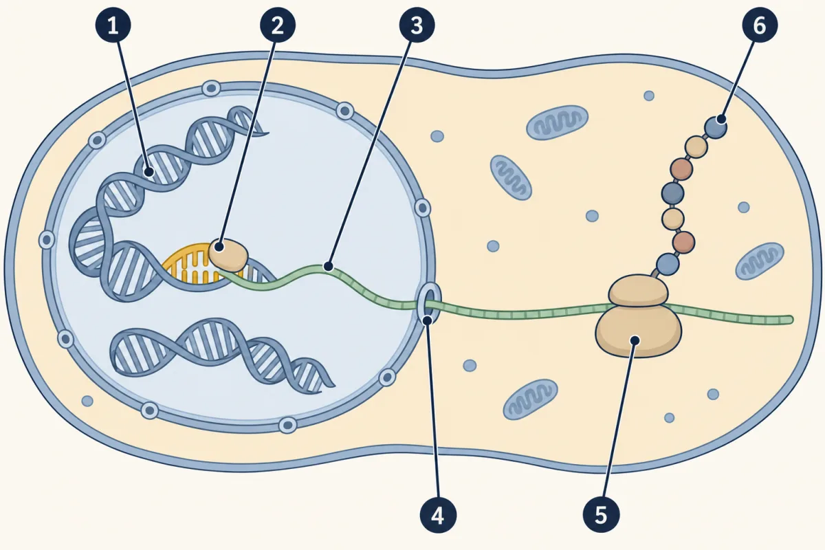 AI-generated illustration: a cell whose round nucleus holds coiled DNA; at one gold stretch an enzyme copies a single strand that crosses the nucleus and leaves through a pore. In the cytoplasm a two-lobed ribosome sits on that strand with a chain of beads trailing from it. Six numbered circles mark the parts.