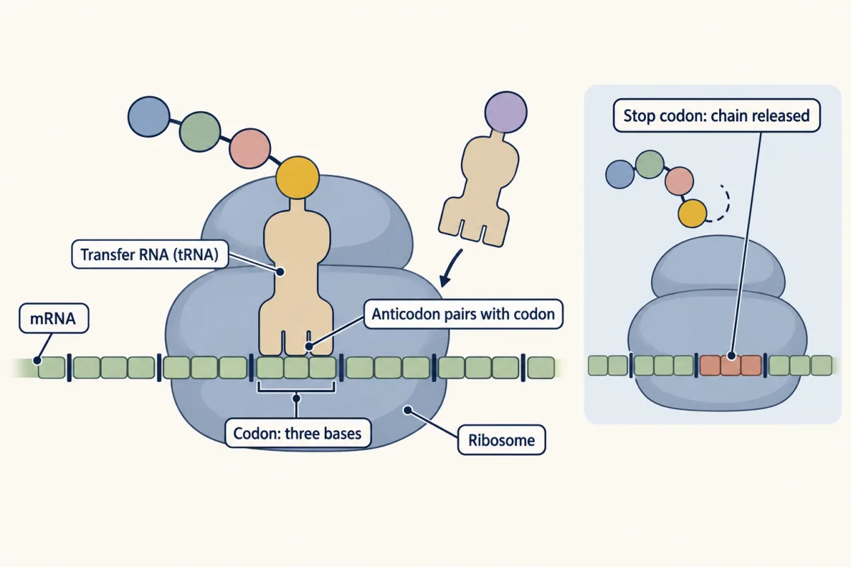 AI-generated illustration: a two-lobed ribosome sitting on an mRNA strand divided into groups of three blocks. Inside, a key-shaped tRNA fits three blocks against one codon and carries a bead that is joining a growing bead chain; another tRNA arrives. An inset shows the ribosome at a stop codon with no tRNA and the chain released.