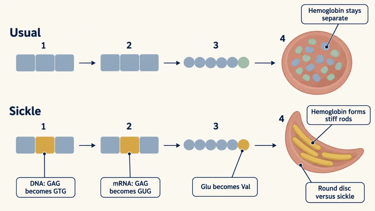 AI-generated illustration: two rows of four frames. In the top row a DNA codon, its mRNA codon, a six-bead chain and a round red blood cell with separate hemoglobin blobs. In the bottom row the middle letter of each codon is changed, the sixth bead is different, the hemoglobin has joined into stiff rods, and the cell is bent into a sickle.