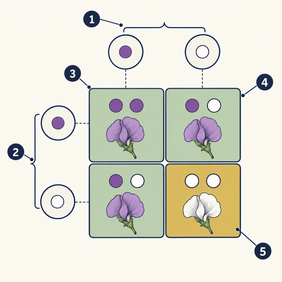 AI-generated illustration: a two-by-two grid with two sex cells across the top and two down the side, each carrying one coloured dot for its allele. Each box combines one dot from the top and one from the side; three boxes hold purple flowers and one holds a white flower. Five numbered circles mark the parts.
