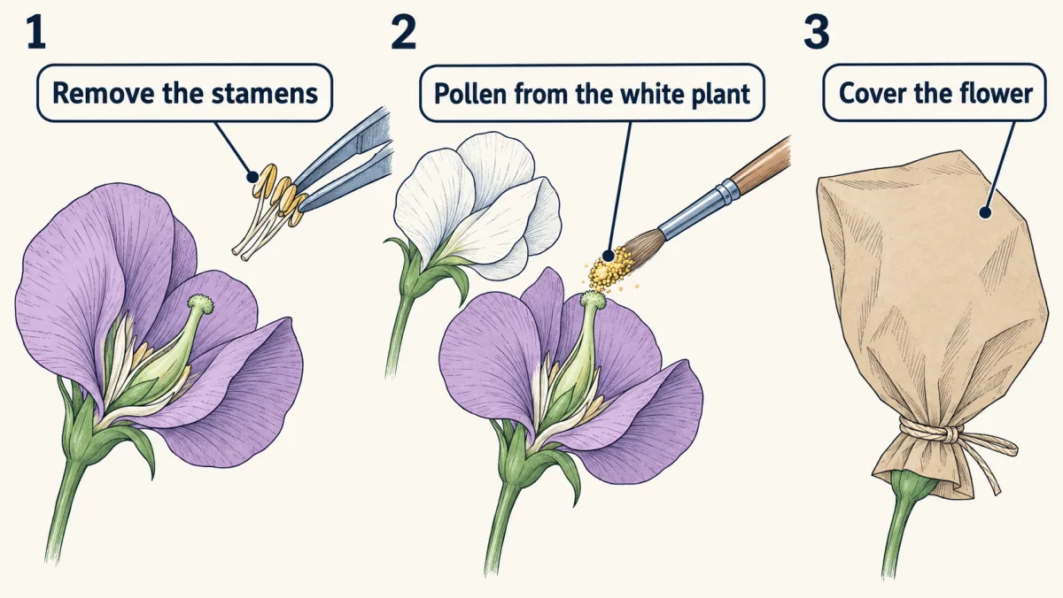 AI-generated illustration: three steps of a controlled cross: forceps remove the stamens from a purple pea flower, a brush carries pollen from a white flower to it, and a small bag covers the flower.