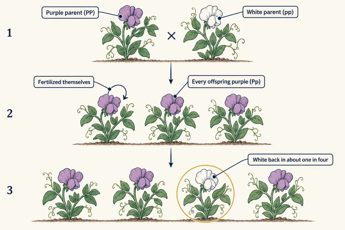 AI-generated illustration: three rows of pea plants. A purple-flowered plant crossed with a white-flowered plant gives three purple-flowered offspring; when those fertilize themselves, the next row has three purple plants and one white plant.