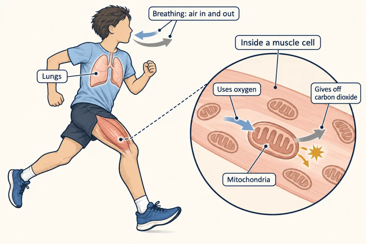 AI-generated illustration: a runner with lungs drawn in the chest and arrows of air going in and out at the mouth, linked to a zoom of a muscle cell whose mitochondria take in oxygen and give off carbon dioxide.