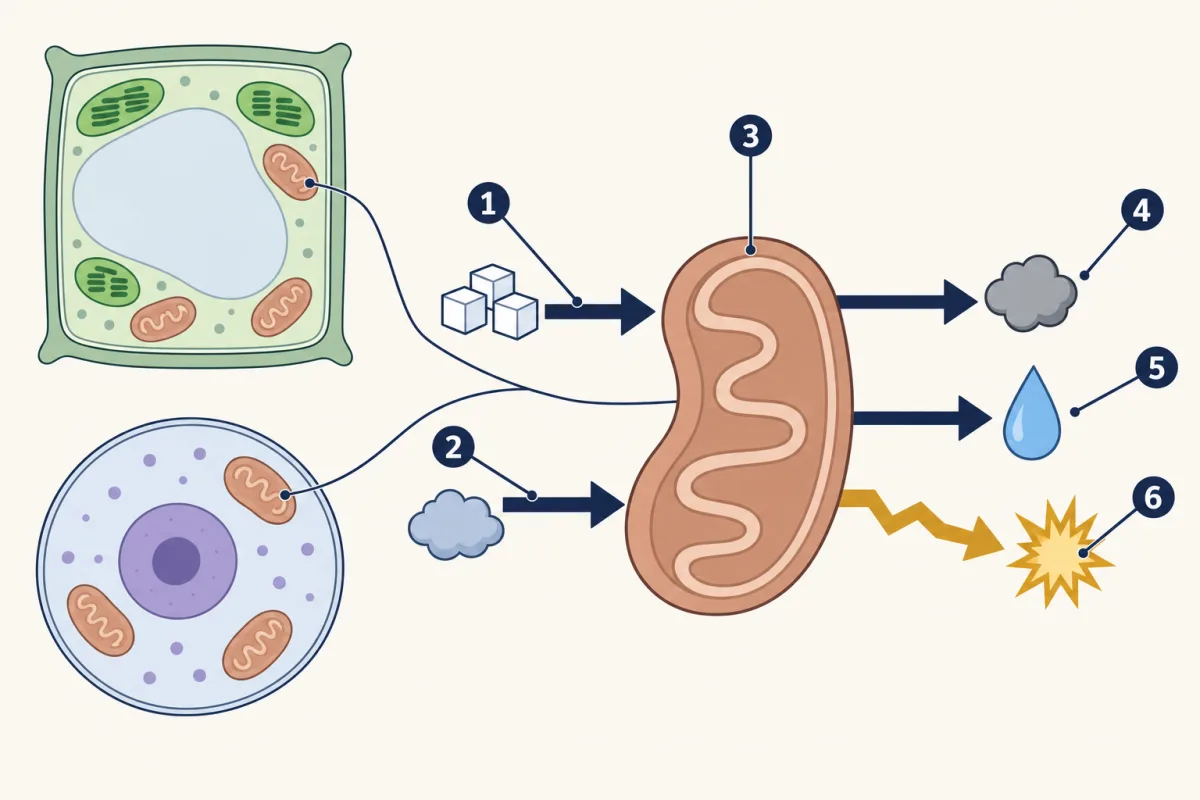 AI-generated illustration: a small plant cell and a small animal cell, each with bean-shaped mitochondria, and a large zoom of one mitochondrion with two arrows going in on the left and three arrows coming out on the right. Six numbered circles mark parts for the student to name.