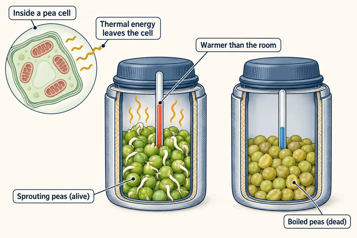 AI-generated illustration: two thermoses, one full of sprouting peas with a higher thermometer reading and one full of boiled peas with a lower reading, and a zoom of a pea cell with mitochondria giving off thermal energy.