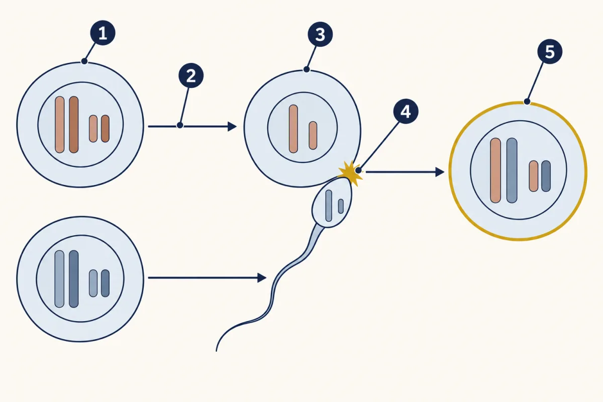 AI-generated illustration: a mother's body cell and a father's body cell, each with two pairs of chromosomes, send an arrow to one sex cell each, an egg and a sperm, each holding one long and one short chromosome. The sperm meets the egg, and the fertilized egg on the right holds two pairs again. Five numbered pointers mark the mother's body cell, her arrow, the egg, the meeting point, and the fertilized egg.
