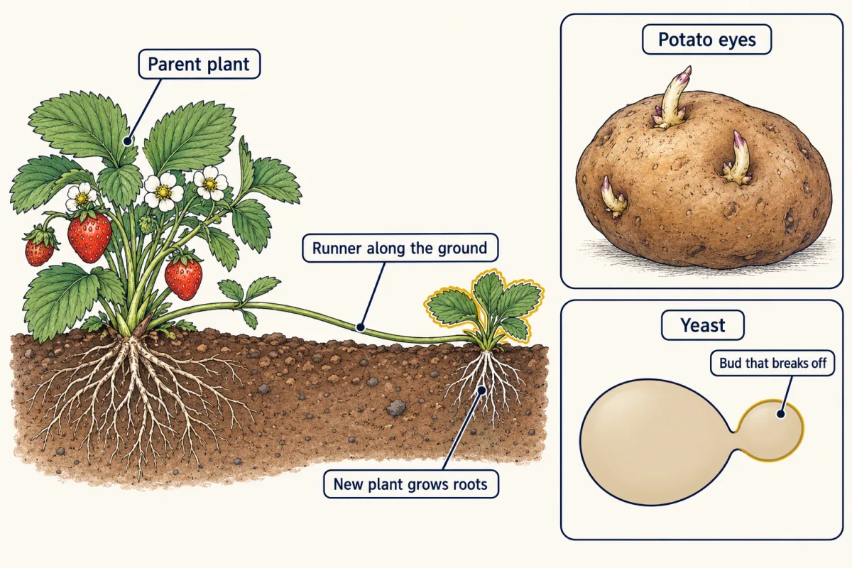 AI-generated illustration: a strawberry plant sends a runner along the ground to a small new plant that has rooted in the soil. Small insets show a potato sprouting from its eyes and a yeast cell with a bud growing from one end.