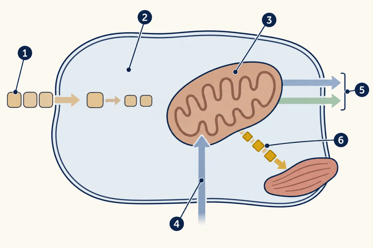 AI-generated illustration: a round cell with sand-coloured blocks entering, a few small arrows in the open area, and one bean-shaped organelle with an inner fold; arrows bring one gas in and two products out, and gold tokens leave toward a work block. Six numbered circles mark parts to name.
