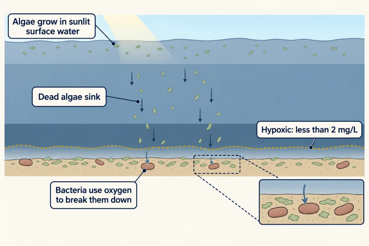 AI-generated illustration: a side view of the Bay with algae growing in the sunlit surface water, dead algae sinking to the bed, and small bacteria on the bed taking in oxygen; the bottom layer is outlined as low-oxygen water.
