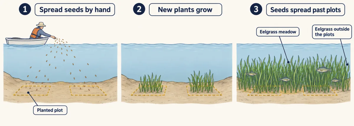 AI-generated illustration: three side views of a shallow bay. First, a person in a boat scatters eelgrass seeds over two marked plots. Second, short eelgrass grows in the plots. Third, eelgrass fills the plots and spreads beyond them into a wide meadow.