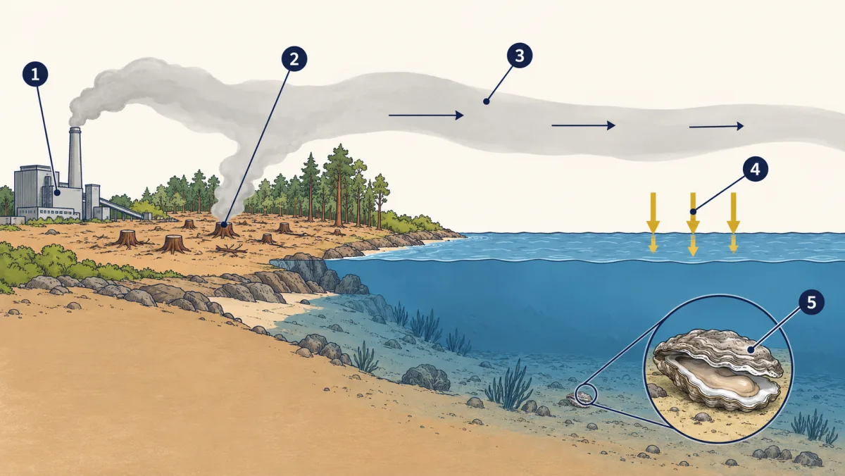 AI-generated illustration: on land at the left, a power plant smokestack and a patch of cut tree stumps send a grey haze into the sky. The haze drifts right across the sky to the ocean, where arrows show it passing down into the water. A zoomed circle shows an oyster on the sea floor. Five numbered circles mark parts for the student to name.
