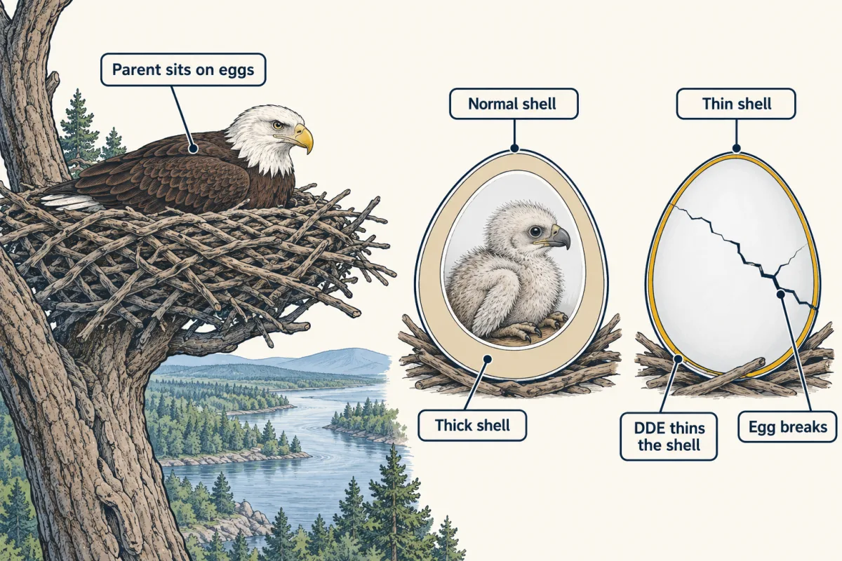 AI-generated illustration: a bald eagle sits on a large stick nest in a tree by a river. Two close views compare eggs: one with a thick shell and a chick inside, and one with a thin, cracked shell and no chick.