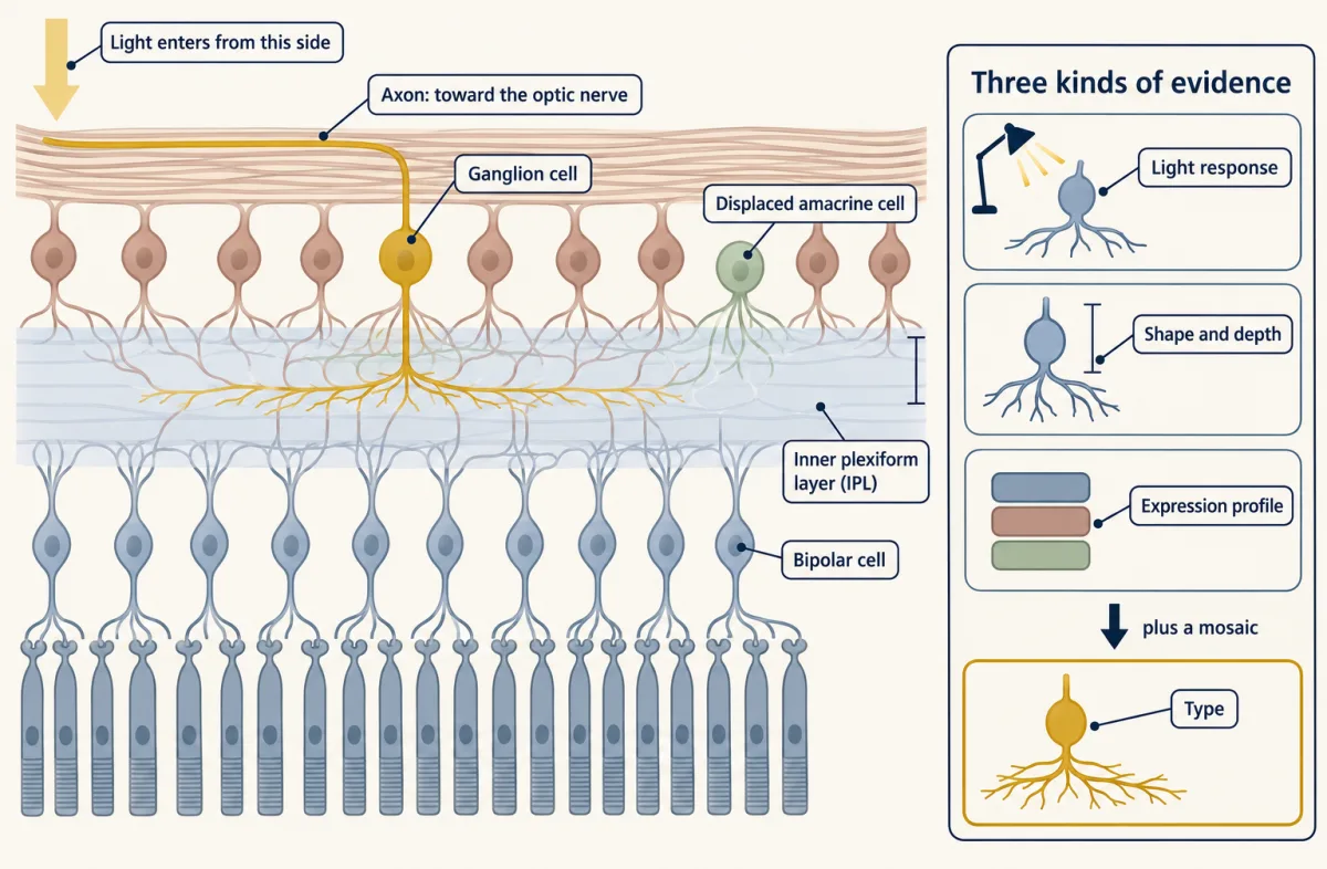 AI-generated illustration: a flat schematic of the retina in horizontal layers with the inner surface on top and photoreceptors at the bottom. One gold ganglion cell has an axon running along the top fibre layer and dendrites spread in a single sublayer of the inner plexiform layer, with a depth bracket. An inset shows three evidences, light response, shape and depth, and expression profile, pointing to a gold Type tile.