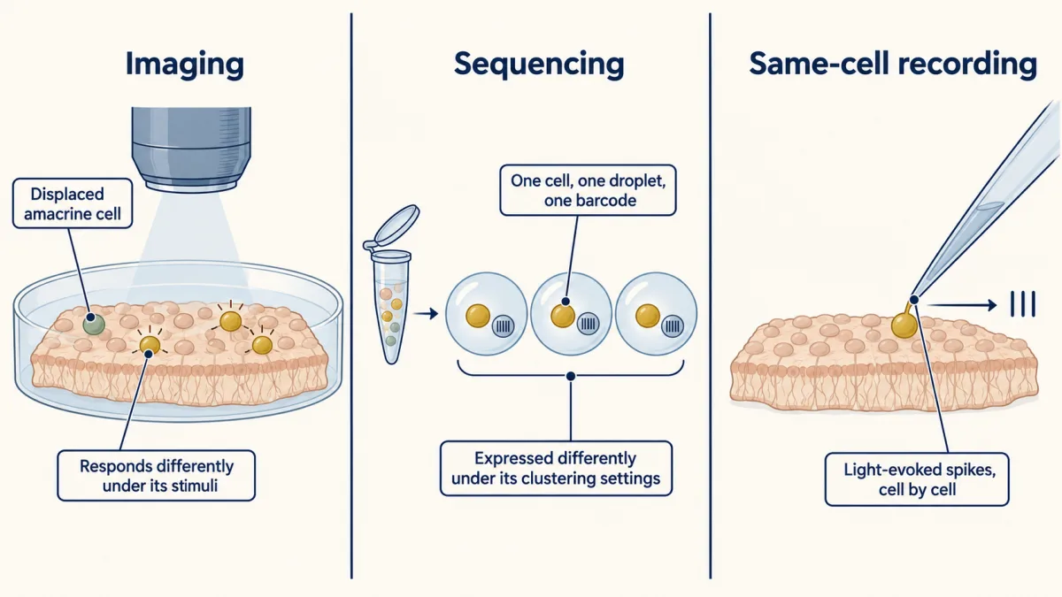 AI-generated illustration: a three-step strip with the same gold ganglion cell seen through three instruments: a microscope over isolated retina for calcium imaging, cells each captured in a droplet with a barcode bead for sequencing, and a glass pipette on one cell recording spikes. A sage displaced amacrine cell sits among the imaged cells.