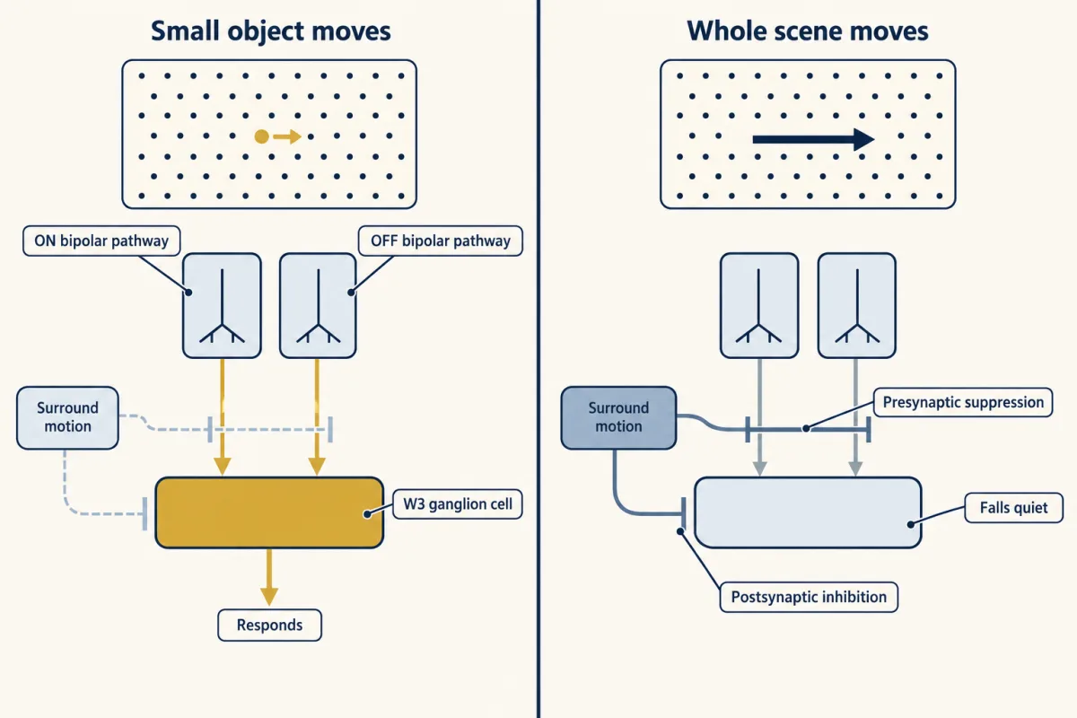 AI-generated illustration: two copies of a small circuit. ON and OFF bipolar pathways feed one W3 ganglion cell. On the left a small dot moves on a still background, surround suppression is weak and the W3 cell responds. On the right the whole scene moves, surround suppression is strong on both the excitation and the W3 cell, and the cell falls quiet.